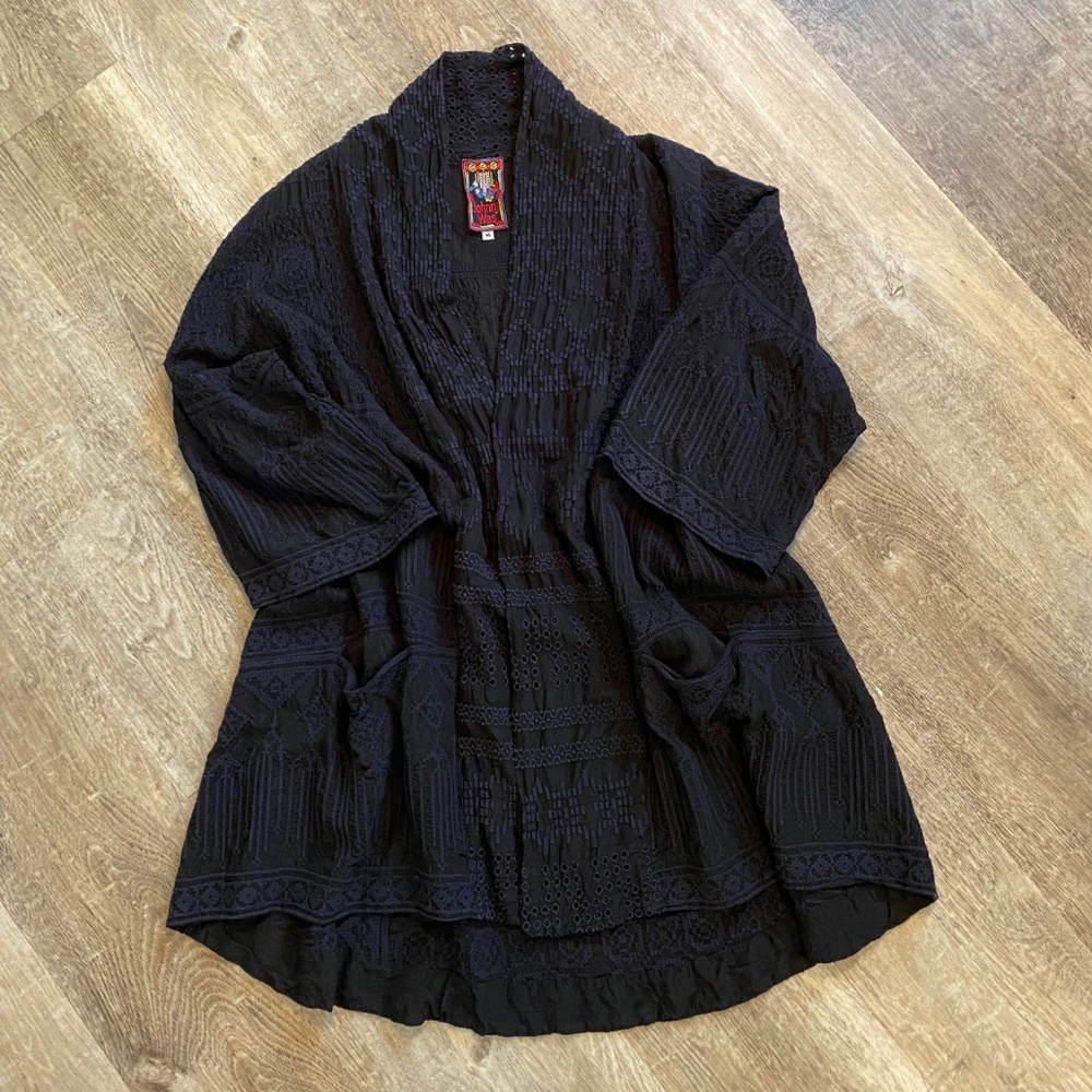JOHNNY WAS black eyelet kimono, size M